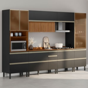 Cozinha Modulada 6 Pecas 330 cm Ripado DP3302 Nogueira Carbono Prime Demartez