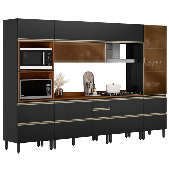 Cozinha Modulada 6 Pecas 330 cm Vidro DP3301 Nogueira Carbono Prime Demartez