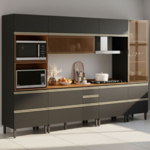Cozinha Modulada 6 Pecas 330 cm Vidro DP3301 Nogueira Carbono Prime Demartez