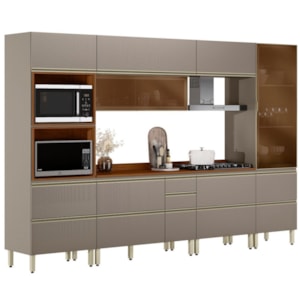 Cozinha Modulada 6 Pecas 330 cm Vidro DP3301 Nogueira Nude Prime Demartez