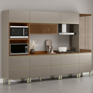 Cozinha Modulada 6 Pecas 330 cm Vidro DP3301 Nogueira Nude Prime Demartez