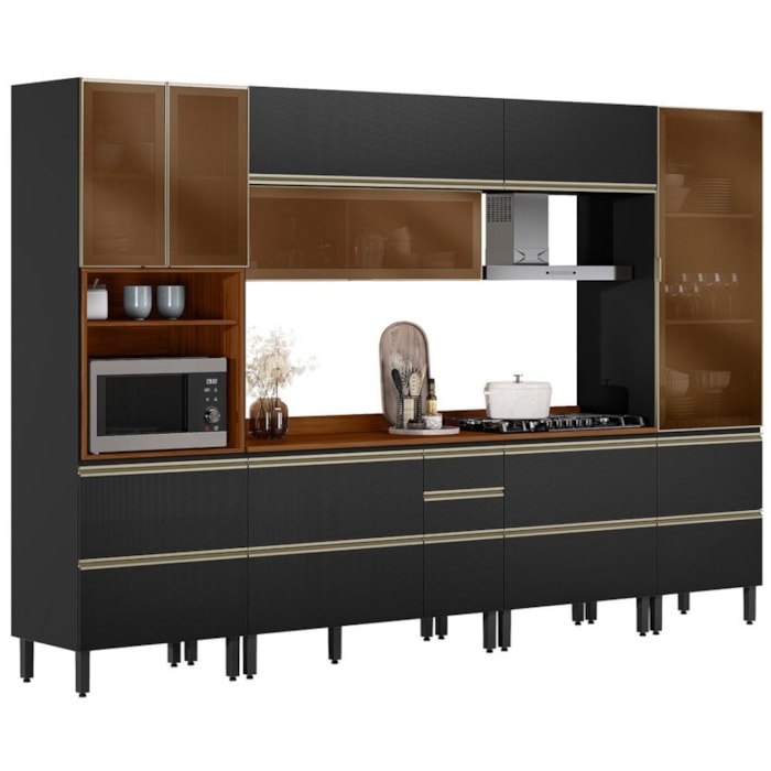 Cozinha Modulada 6 Pecas 330 cm Vidro DP3302 Nogueira Carbono Prime Demartez