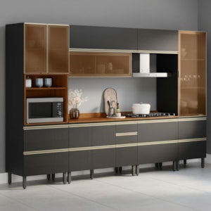 Cozinha Modulada 6 Pecas 330 cm Vidro DP3302 Nogueira Carbono Prime Demartez