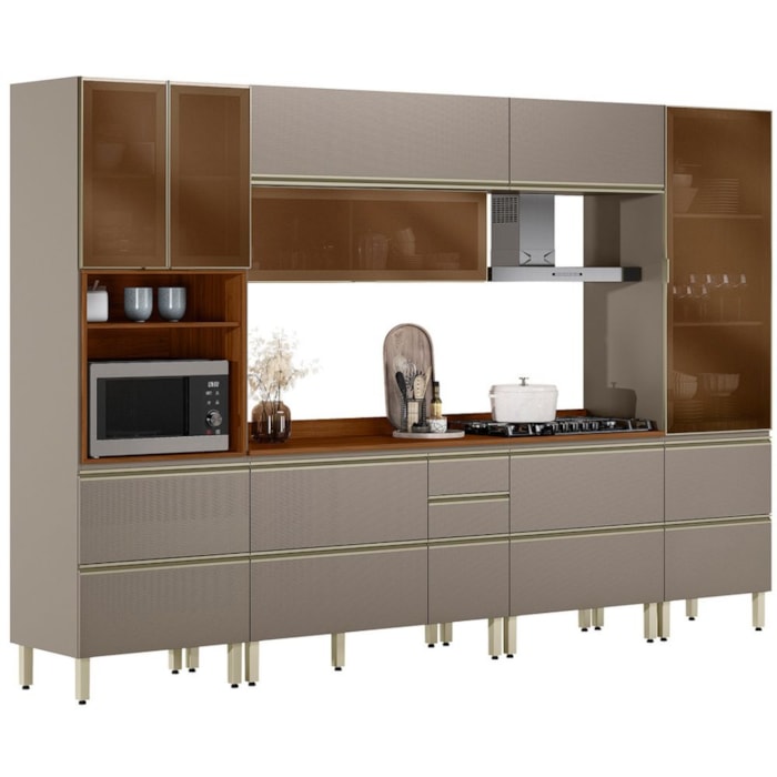 Cozinha Modulada 6 Pecas 330 cm Vidro DP3302 Nogueira Nude Prime Demartez