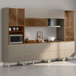 Cozinha Modulada 6 Pecas 330 cm Vidro DP3302 Nogueira Nude Prime Demartez