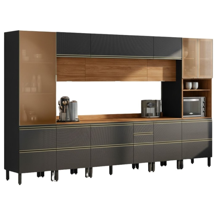 Cozinha Modulada 8 Pecas 370 cm MDF DP3702 Nogueira Carbono Prime Demartez