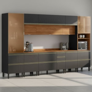 Cozinha Modulada 8 Pecas 370 cm MDF DP3702 Nogueira Carbono Prime Demartez