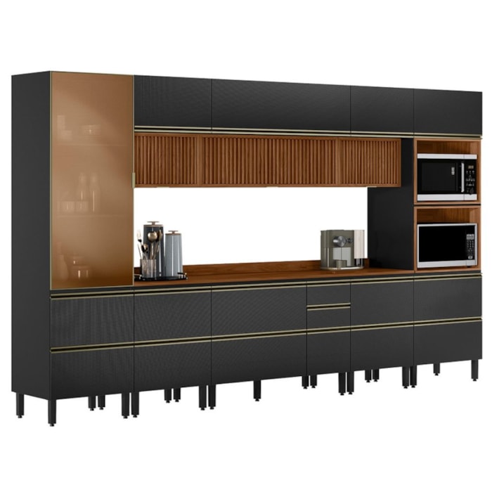 Cozinha Modulada 8 Pecas 370 cm Ripado DP3701 Nogueira Carbono Prime Demartez