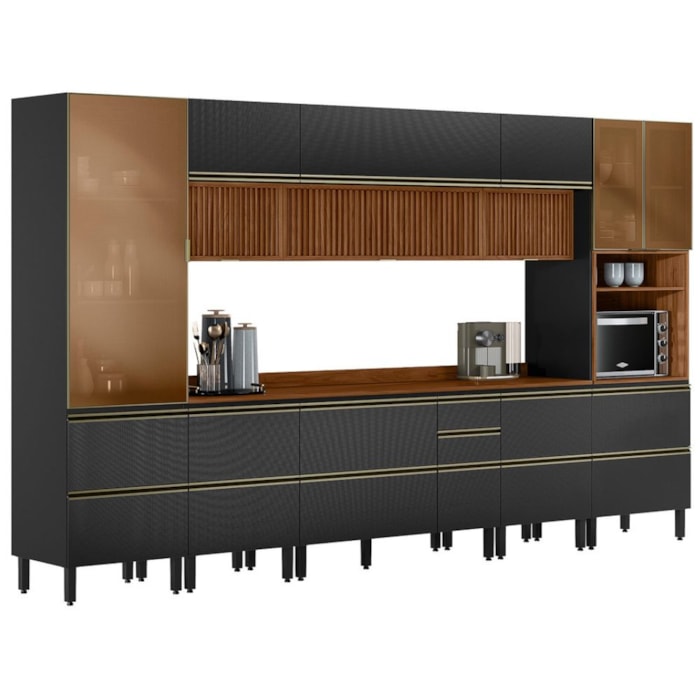 Cozinha Modulada 8 Pecas 370 cm Ripado DP3702 Nogueira Carbono Prime Demartez