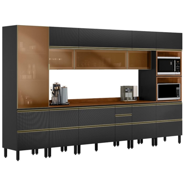 Cozinha Modulada 8 Pecas 370 cm Vidro DP3701 Nogueira Carbono Prime Demartez