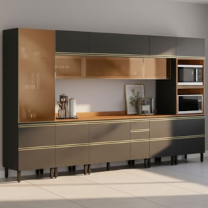 Cozinha Modulada 8 Pecas 370 cm Vidro DP3701 Nogueira Carbono Prime Demartez