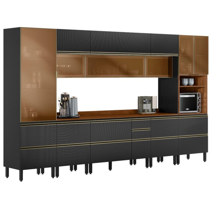 Cozinha Modulada 8 Pecas 370 cm Vidro DP3702 Nogueira Carbono Prime Demartez