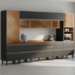 Cozinha Modulada 8 Pecas 370 cm Vidro DP3702 Nogueira Carbono Prime Demartez