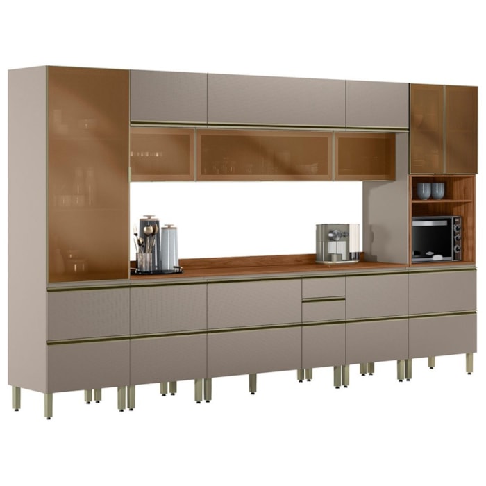 Cozinha Modulada 8 Pecas 370 cm Vidro DP3702 Nogueira Nude Prime Demartez