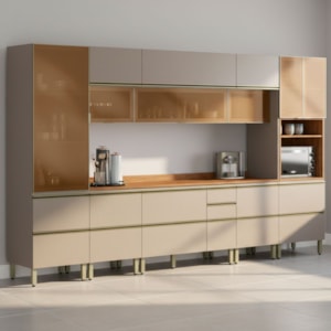 Cozinha Modulada 8 Pecas 370 cm Vidro DP3702 Nogueira Nude Prime Demartez
