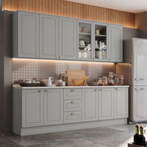 Cozinha Modulada 9 Pecas 240 cm CE856 Americana Cinza Calcare Henn