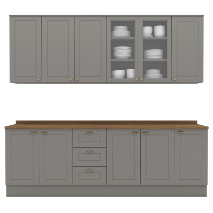 Cozinha Modulada 9 Pecas 240cm CE856 Americana Cinza Nature Henn
