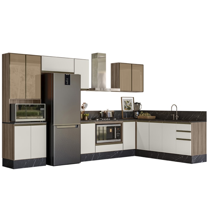 Cozinha Modulada 9 Peças MDF Kali Carvalho Toq Off White Cetim Nicioli