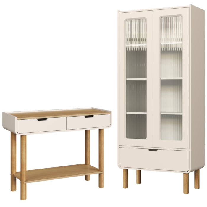 Cristaleira 180X80 cm E Aparador 100 cm Aura Pes Madeira Maciça Off White Artesano