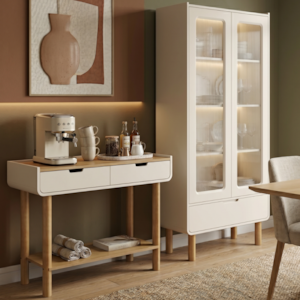Cristaleira 180X80 cm E Aparador 100 cm Aura Pes Madeira Maciça Off White Artesano