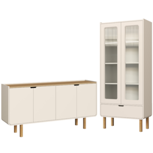 Cristaleira 180X80 cm E Buffet 160 cm Aura Pes Madeira Maciça Off White Artesano
