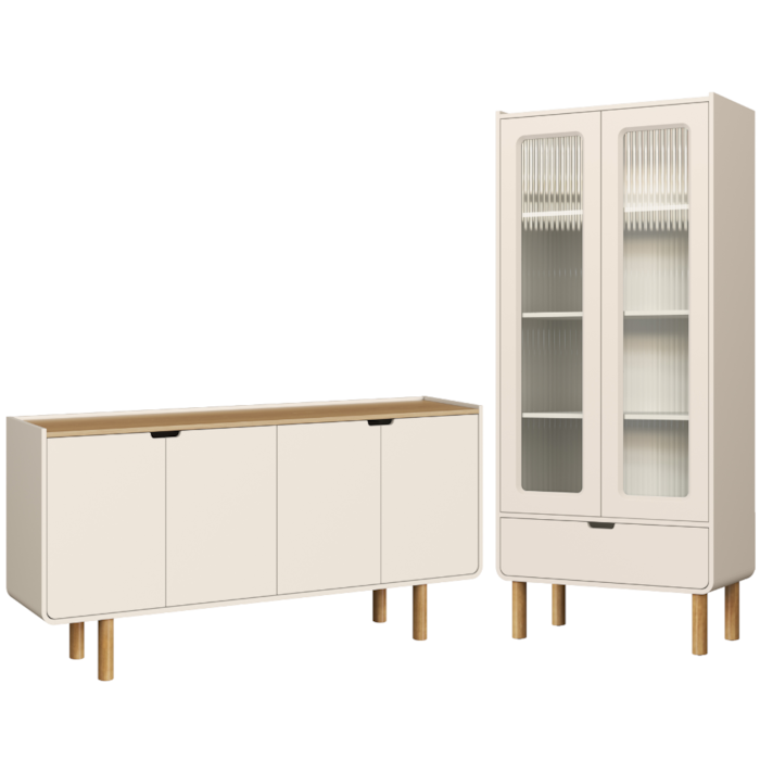 Cristaleira 180X80 cm E Buffet 160 cm Aura Pes Madeira Maciça Off White Artesano
