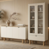 Cristaleira 180X80 cm E Buffet 160 cm Aura Pes Madeira Maciça Off White Artesano