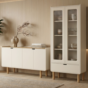 Cristaleira 180X80 cm E Buffet 160 cm Aura Pes Madeira Maciça Off White Artesano