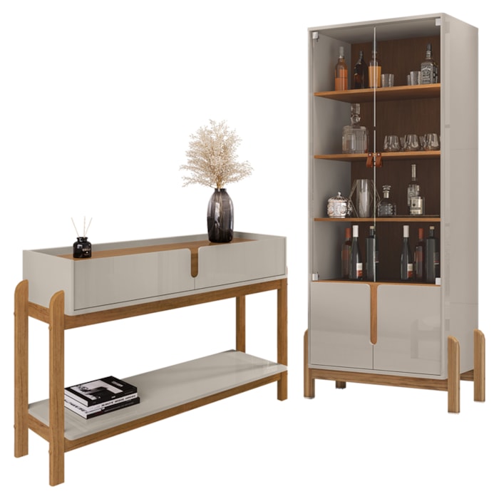 Cristaleira 4 Portas Vidro e Aparador 4 Portas 2 Gavetas Lizz Off White Cedro DCASA