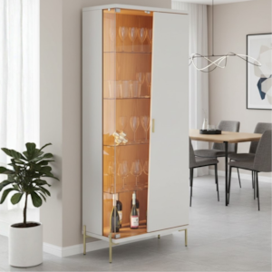 Cristaleira Porta de Vidro Com Led Sena 181X70 cm Pes Metal CLB Off White Matte Freijo CLB