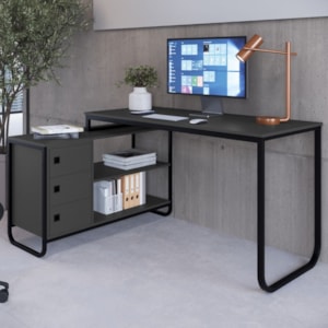 Escrivaninha De Canto 3 Gavetas P1063 Grafite Preto PP Milani Store