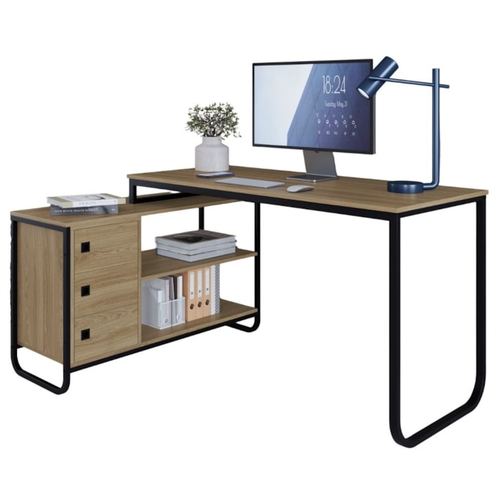 Escrivaninha De Canto 3 Gavetas P1063 Oak Preto PP Milani Store