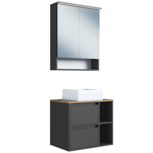 Espelheira Gabinete Suspenso Com Cuba Branca 60 cm Mell Grafite PRODDY