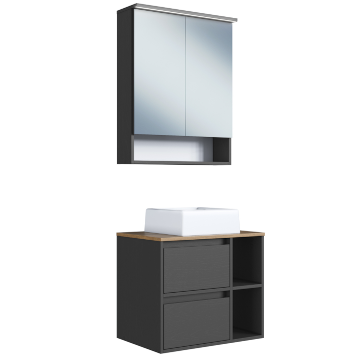 Espelheira Gabinete Suspenso Com Cuba Branca 60 cm Mell Grafite PRODDY