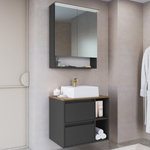 Espelheira Gabinete Suspenso Com Cuba Branca 60 cm Mell Grafite PRODDY