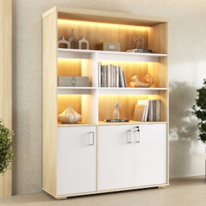 Estante Escritorio Com LED 3 Portas Tampo Tamburato 193X136 cm Carvalho Branco Artany