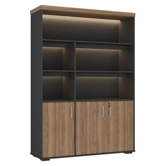 Estante Escritorio Com LED 3 Portas Tampo Tamburato 193X136 cm Nogal Preto Artany