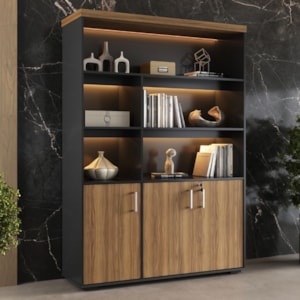 Estante Escritorio Com LED 3 Portas Tampo Tamburato 193X136 cm Nogal Preto Artany