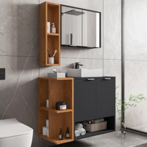 Gabinete Espelheira E Cuba Branca 70 cm Ibiza Preto Fosco Naturalle BECHARA