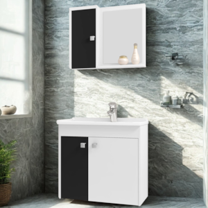 Gabinete Espelheira E Cuba Branca 70cm Munique Branco Preto BECHARA