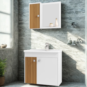 Gabinete Espelheira E Cuba Branca 70cm Munique Branco Ripado BECHARA