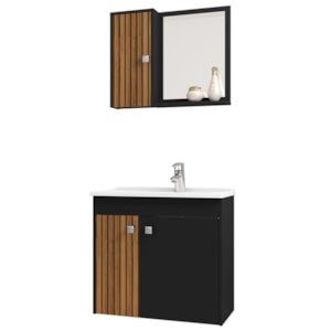 Gabinete Espelheira E Cuba Branca 70cm Munique Preto Fosco Ripado BECHARA
