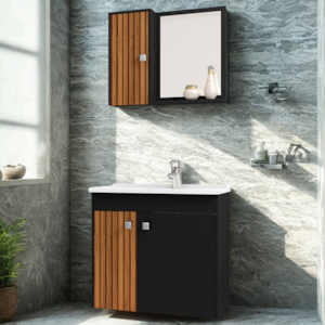 Gabinete Espelheira E Cuba Branca 70cm Munique Preto Fosco Ripado BECHARA