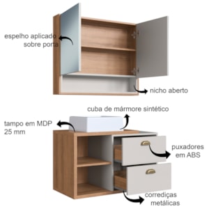 Gabinete Espelheira e Cuba Branca 80 cm CJ8240 Mell Arenas FAEM