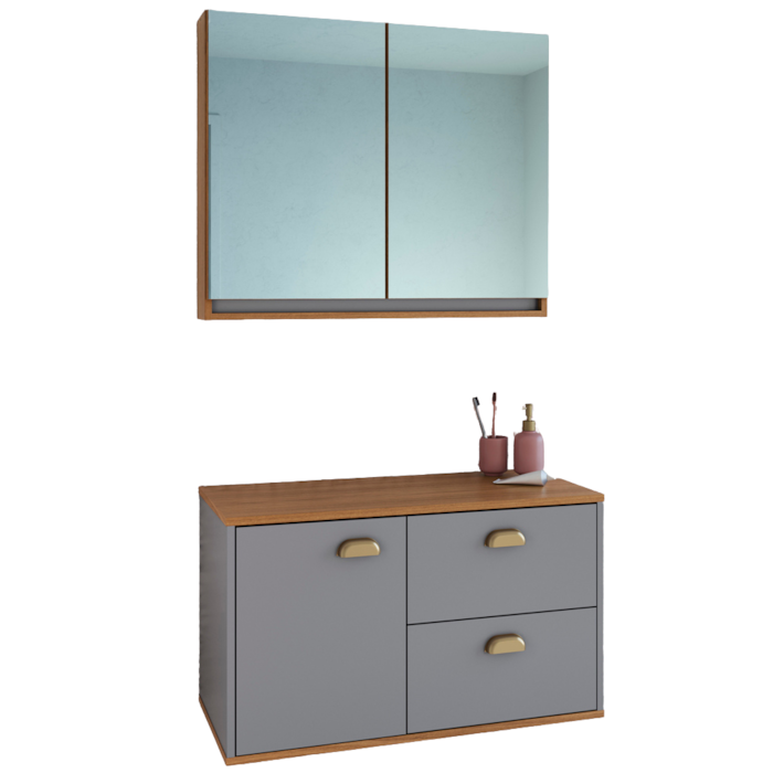 Gabinete Suspenso e Armario Espelheira 80 cm MDF Livia Freijo Urbi FAEM