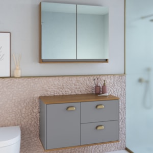 Gabinete Suspenso e Armario Espelheira 80 cm MDF Livia Freijo Urbi FAEM