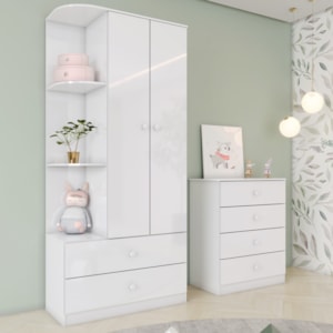 Guarda Roupa 2 Portas e Comoda 4 Gavetas Labirinto Branco Henn