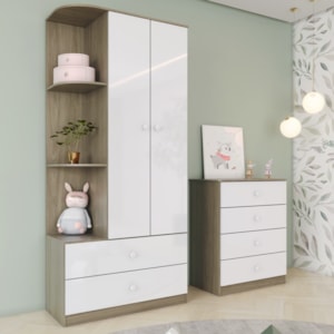 Guarda Roupa 2 Portas e Comoda 4 Gavetas Labirinto Rustico Branco Henn