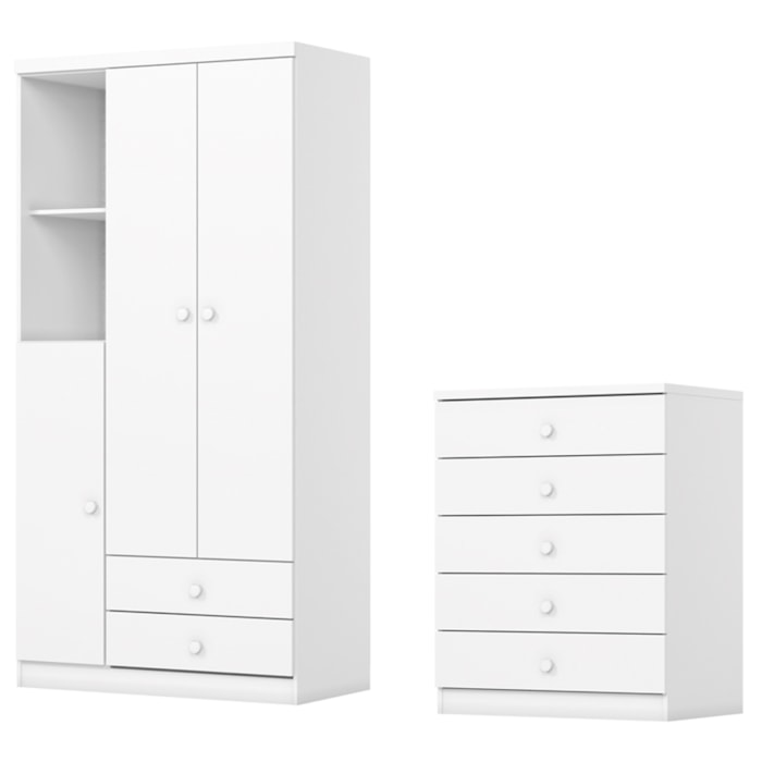 Guarda Roupa 3 Portas e Comoda 5 gavetas Bala de Menta Branco Henn
