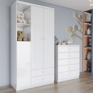 Guarda Roupa 3 Portas e Comoda 5 gavetas Bala de Menta Branco Henn